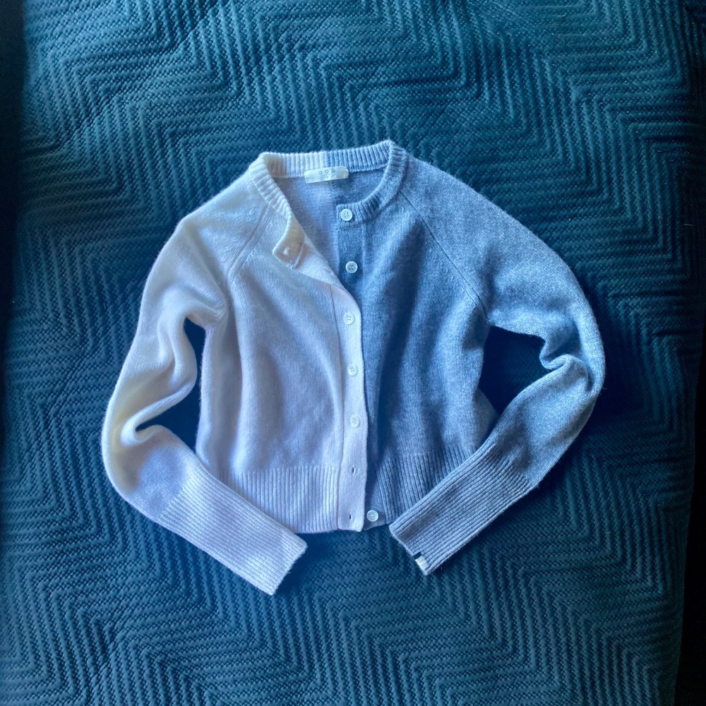 Color Block Cashmere Cardigan OGD Sz Med  Gray White Preppy Boho Coastal NWOT